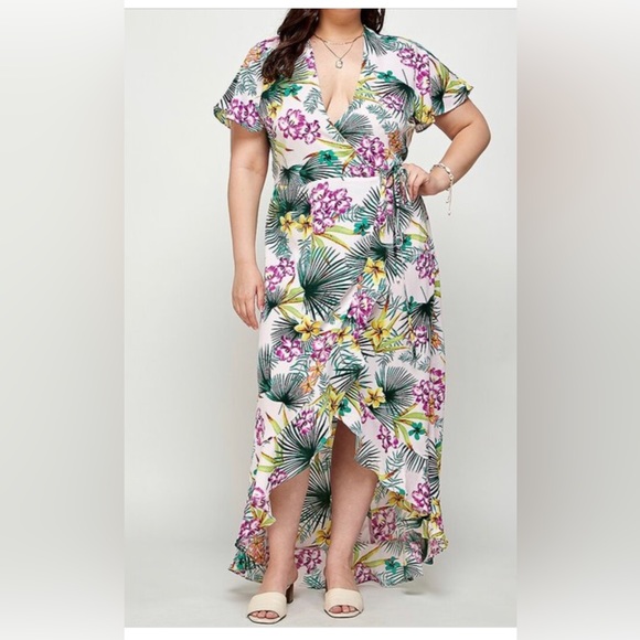 NWT Purple White Multi Tropical Print V Neck Plus Size Wrap Dress Bohemian - Picture 2 of 8